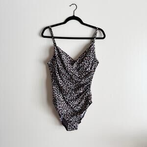 Aqua Green Brown Cheetah Print Ruched One Piece Swimsuit XL Beach Vacation